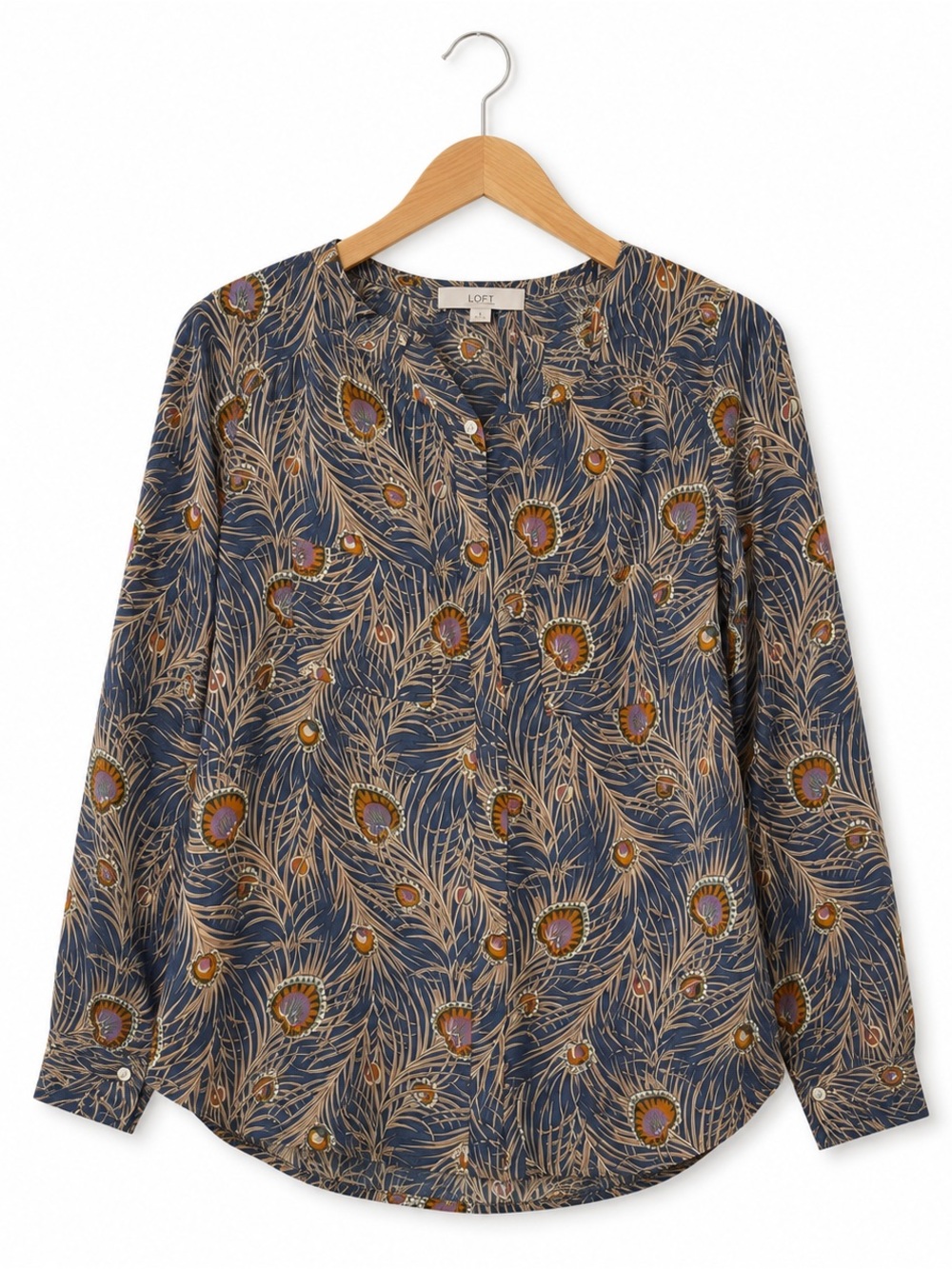 LOFT Blue Peacock-Print Long Sleeve Blouse